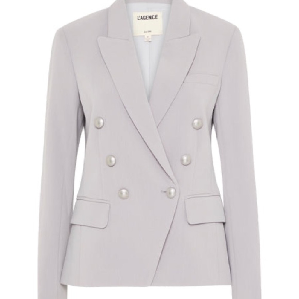L'AGENCE Double-Breasted Light Gray Blazer with Pearl Buttons